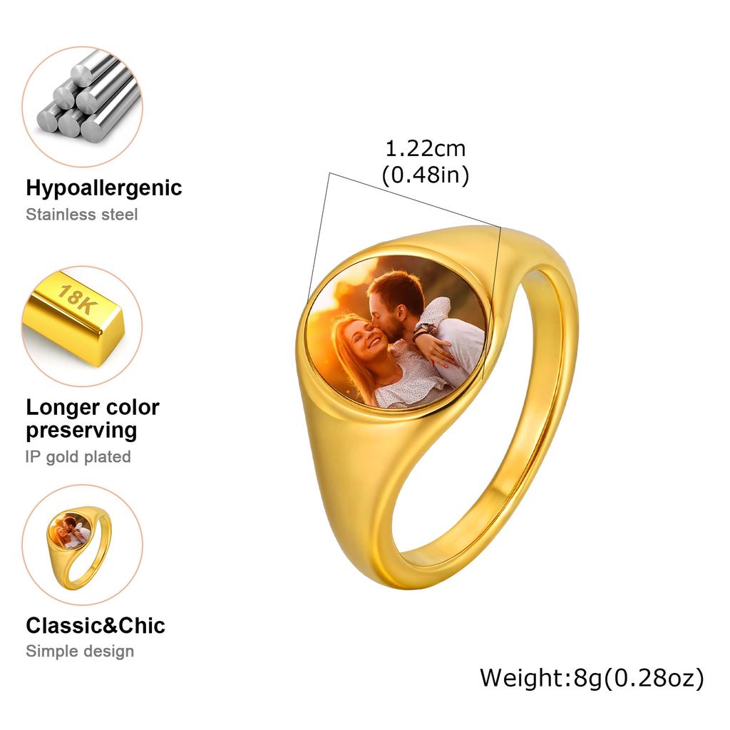 Stainless Steel Custom Photo Ring Gold Plated Heart Round Personalized Ring, Customized Memorial Jewelry for Women Mother Couple