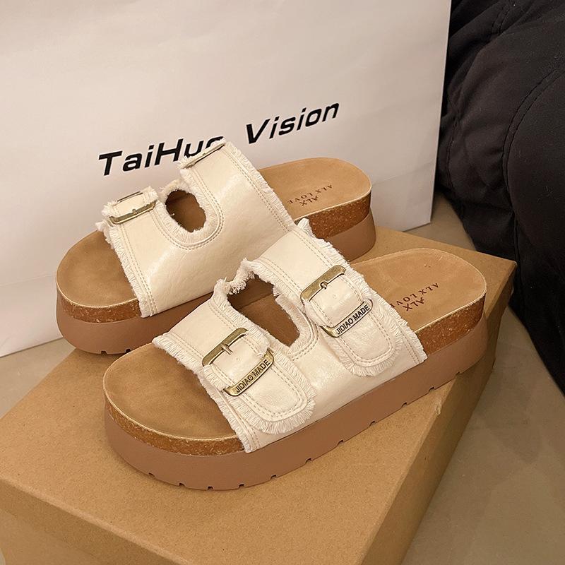 Шлепанцы на толстой подошве с увеличением высоты женские 2025 новые летние уличные сандалии ретро пляжные сандалии