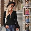 Women Tops V-Neck Zipper Half Placket Long Sleeve Pullover Tops Solid Color Slim