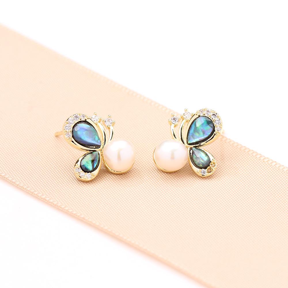 New product, sweet retro abalone shell butterfly earrings temperament diamond-set natural freshwater pearl stud earrings 925 silver needle women