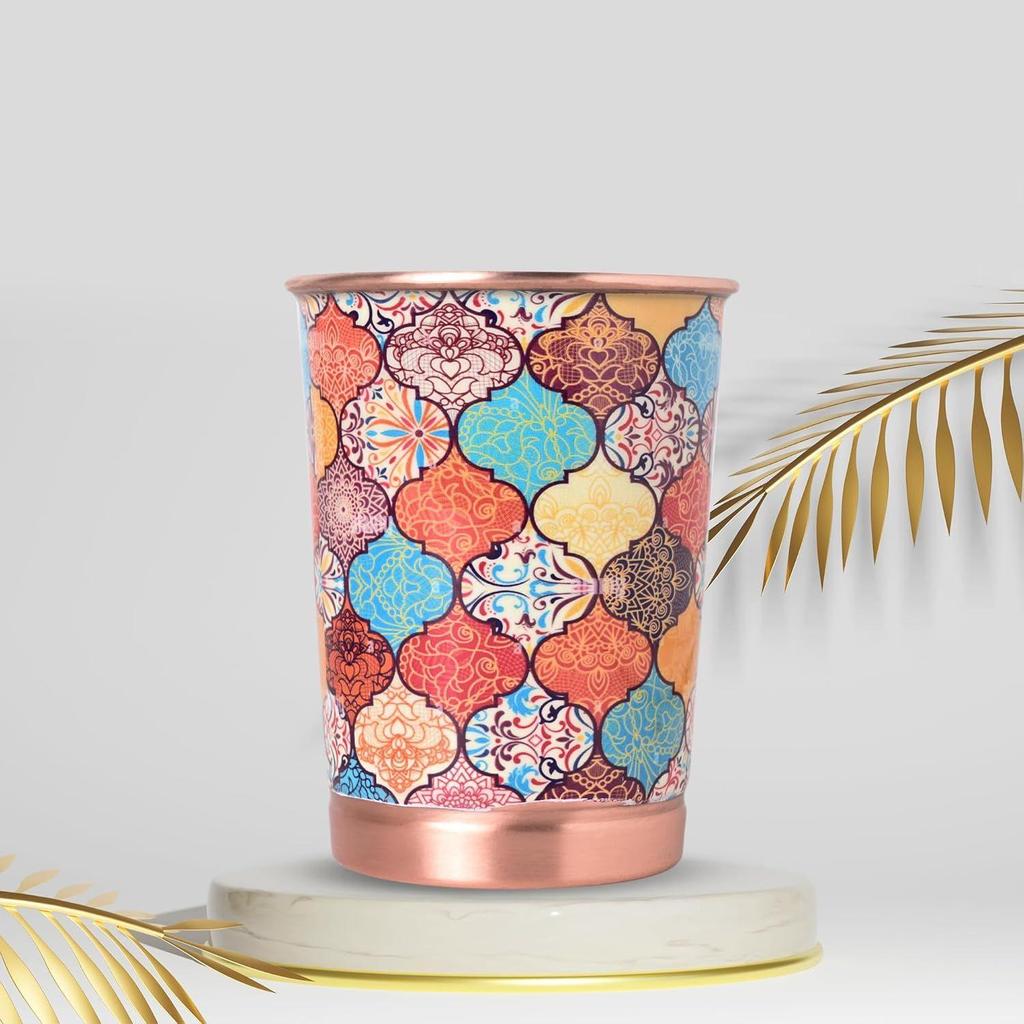 New Copper Printed Design 250ML Water Glass with Rust Proof Protection for Home and Office Use Ayurveda and Yoga Health Benefits Glass Set of 6