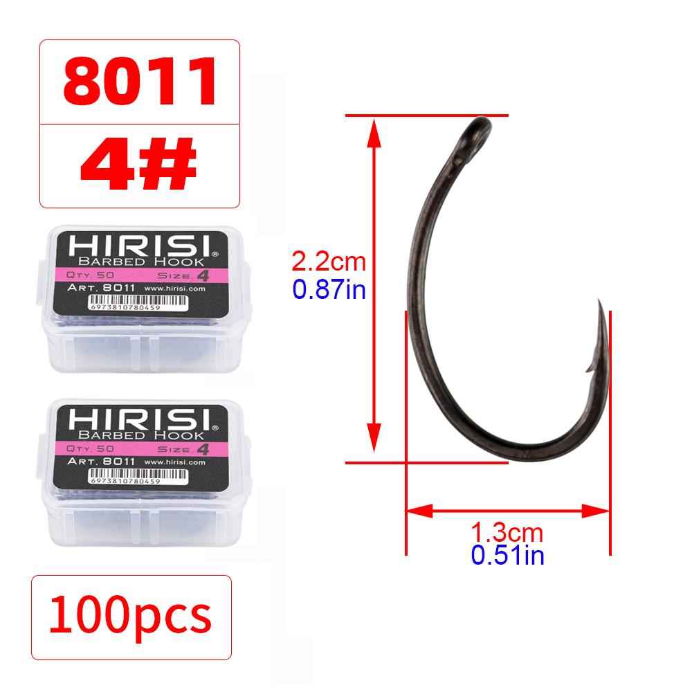 Hirisi 50/100 шт. Крючки для карповой ловли с покрытием PTFE Стальные крючки с бородкой В коробке 8011 Рыболовные аксессуары