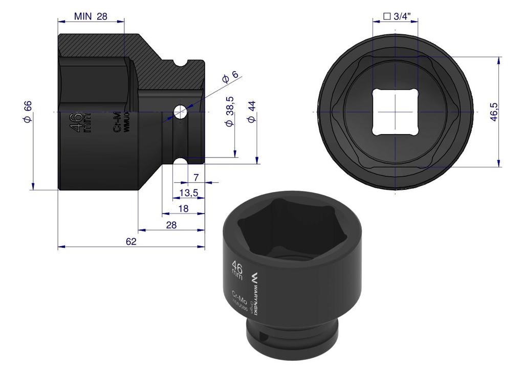 Nasadka Udarowa Sześciokątna 3/4". 46 Mm. Crmo. Din 3129. Waryński