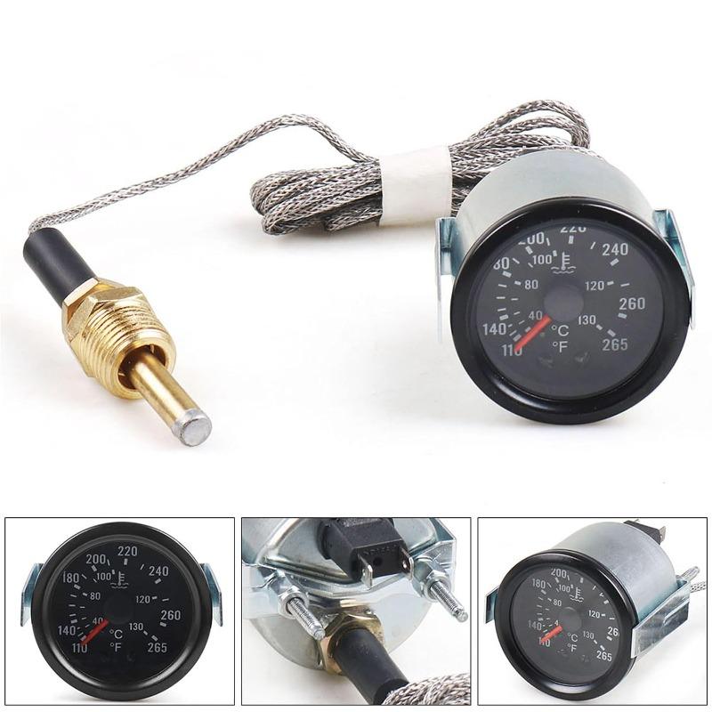 2" 52mm 12V Pointer Mechanical Water Temperature Temp Gauge 40-130℃,110-265℉,Yellow Light Car Meter with Sensor NPT 1/2, 1.8m Wire Length
