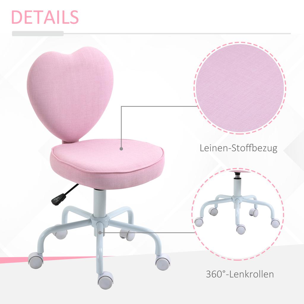 Swivel Chair, Cute Heart Design, Height Adjustable, Fabric Cover in Linen Look, Pink, 42 x 50 x 79-89 cm