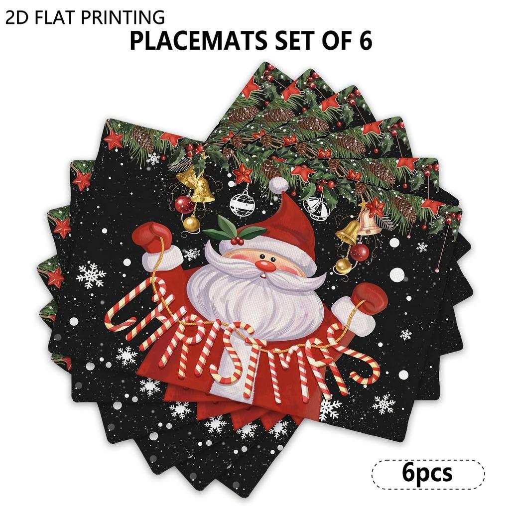 4pcs/6pcs, Christmas Placemat Set, Black Background Santa Placemats Table Decor, for Dining, Parties, And Holiday Gatherings Perfect Gift for Parents,