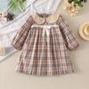 Детская одежда, весенне-осеннее платье для девочек, клетчатые платья с лацканами и длинными рукавами, студенческая форма с бантом, повседневное платье для детей