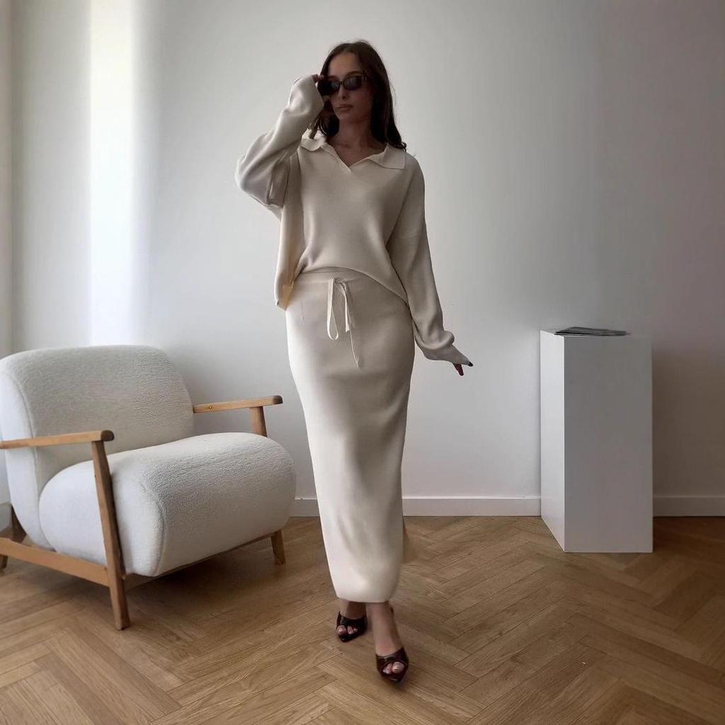 Осень 2025 Европейский и американский стиль Женский вязаный топ с воротником-рубашкой и юбка миди