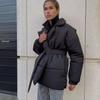 Winter Warm Thicken Women's Coat Turndown Collar Belt Jackets Solid Color Casual Cotton-padded Coats Jacket