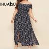 IHUASU Женское повседневное платье больших размеров с богемным принтом и открытыми плечами, однолинейное платье с разрезом и вырезом, длинная маленькая юбка с цветочным принтом