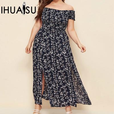 Женское повседневное платье больших размеров с богемным принтом и открытыми плечами, однолинейное платье с разрезом и вырезом, длинная маленькая юбка с цветочным принтом