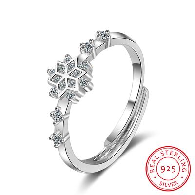Кольца из стерлингового серебра 925 пробы с цветком для женщин, вечерние, блестящие, с кристаллами Cz, в форме снежинки, открывающееся кольцо, ювелирные украшения, рождественский подарок