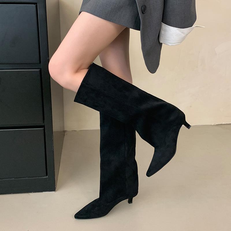 Autumn Winter Sexy Women Suede Knee-High Boots Street Style Pointed Toe Low Heels Cowboy Ladies Shoes Long Botas Simple Comfort