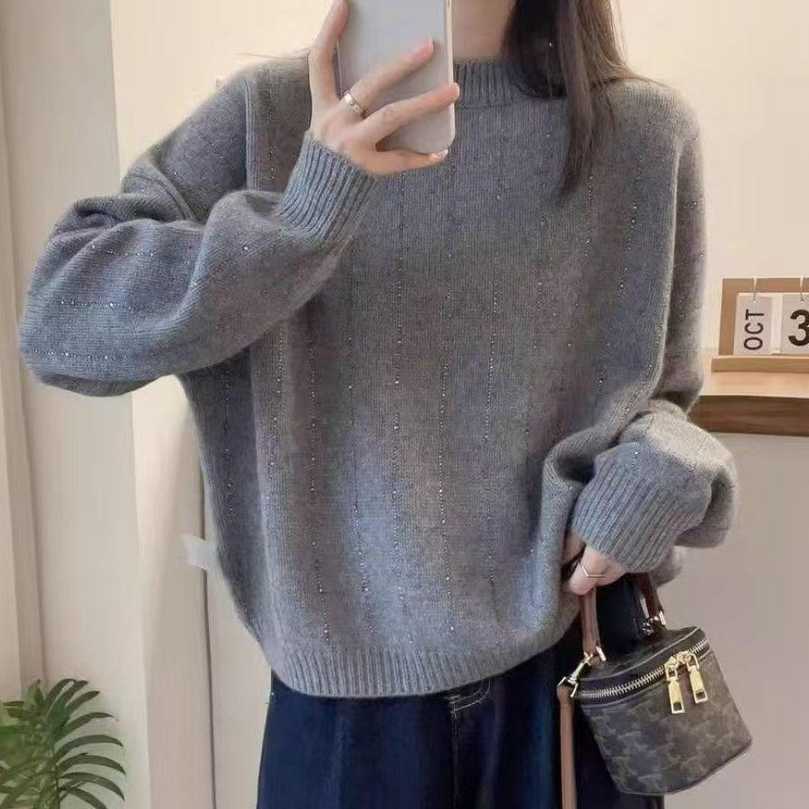 Свитер с круглым вырезом, свободный пуловер с длинными рукавами для женщин, однотонный трикотаж для осени и зимы, утолщенный базовый слой, повседневный вязаный свитер-топ