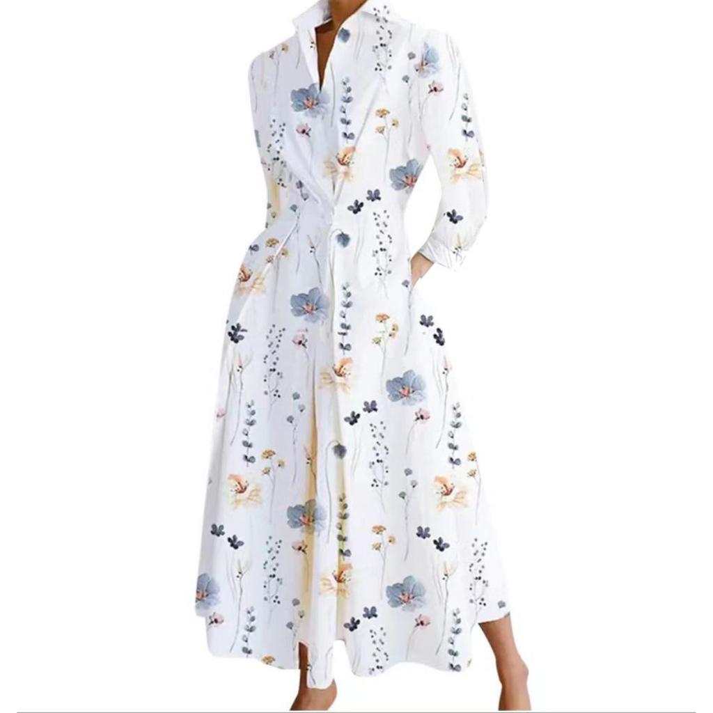 V Collar Print Flower Belt Dress High Waist Elegant Shirt Dress for Women Long Sleeve Loose Dresses Causal Dress