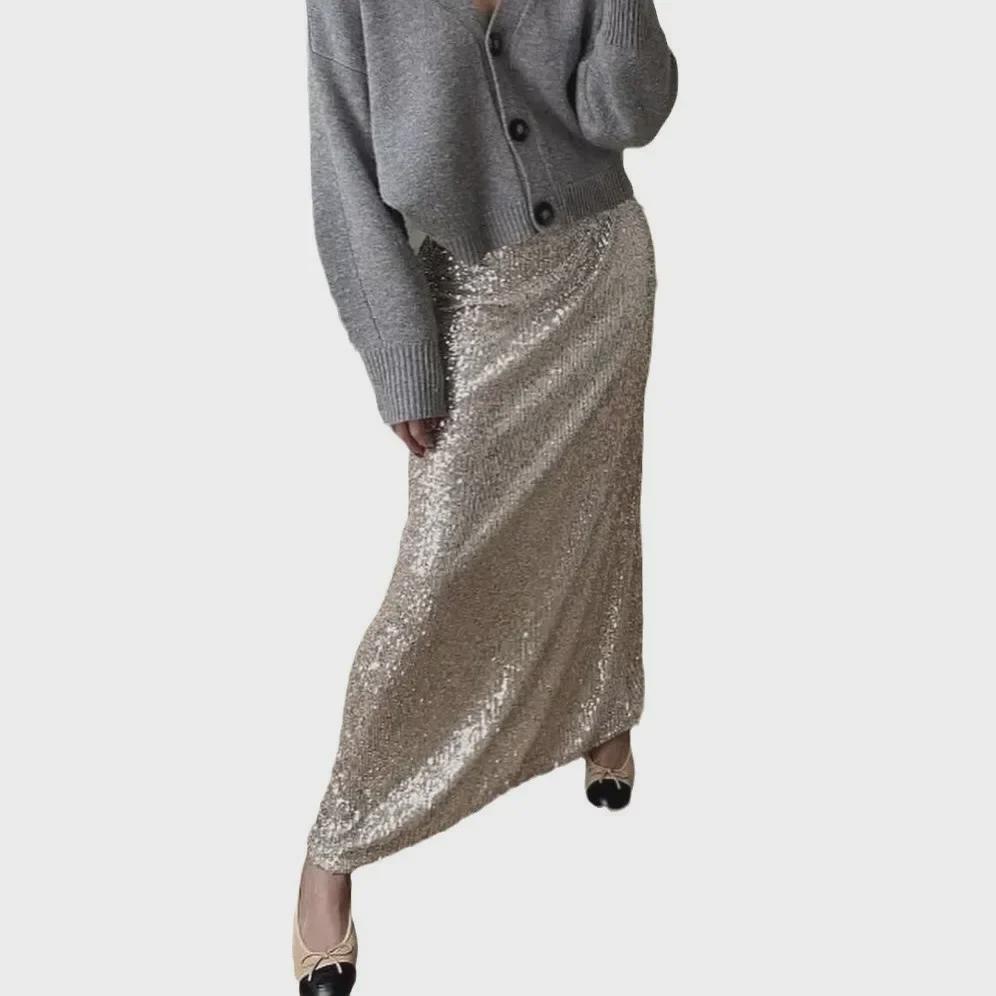 2025 Европейская и американская узкая длинная юбка с высокой талией и пайетками - женская эластичная юбка с резинкой на талии