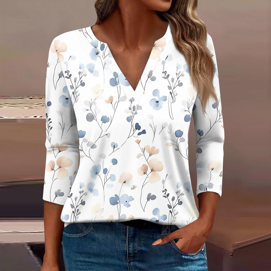 Женская футболка Футболка с принтом Рукав 3/4 Повседневные Выходные Мода Базовый V-образный вырез Обычный топ