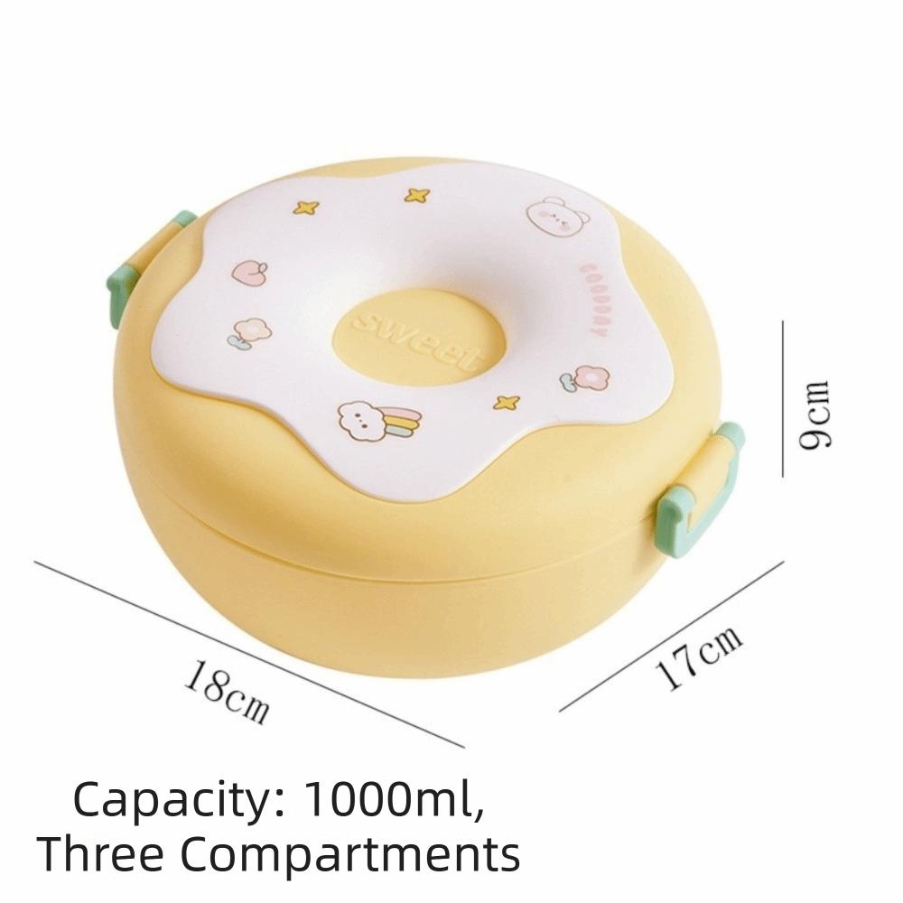 Eco-Friendly 1000ml Lunch Box Leakproof Microwavable Snack Box 3 Compartment Donut Cartoon Food Storage Container Child Snack