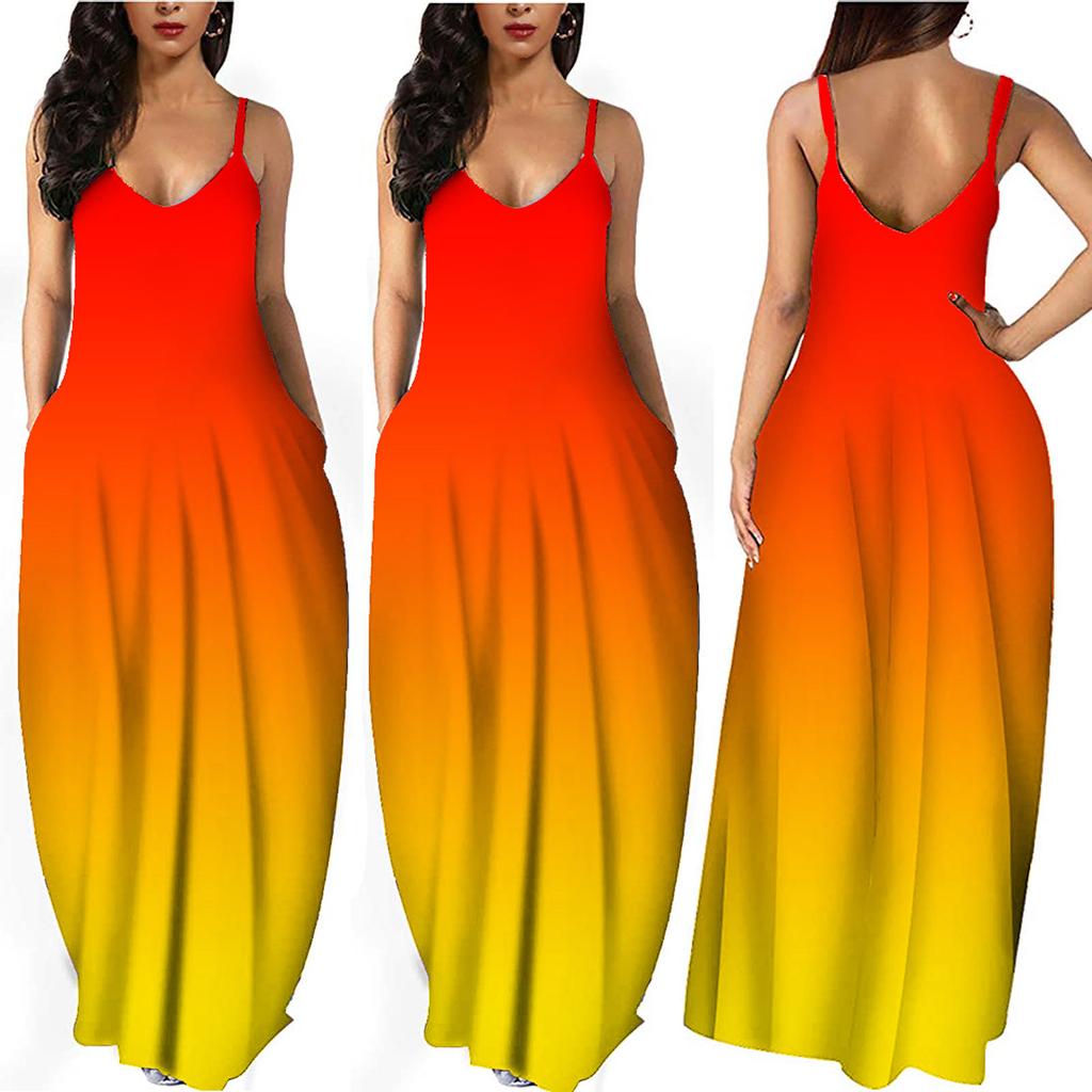 Women Gradient Sleeveless V Neck Maxi Dress Casual Sundress Beach Long Dres