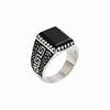 Black Onyx Signet Ring, Solid 925 Sterling Silver, Engraving Greek Key Desing Band
