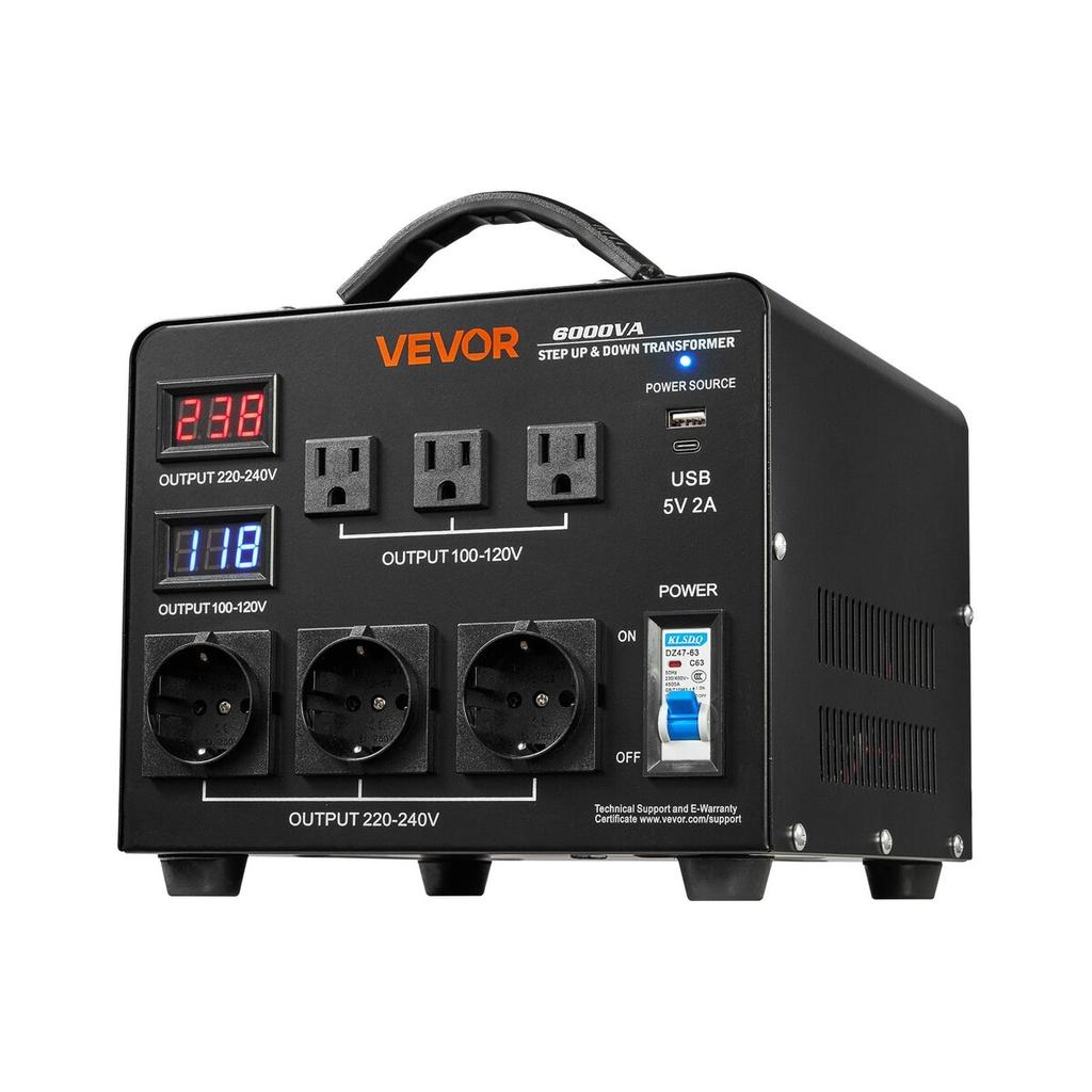 Voltage Auto Converter Transformer, 6000VA, Heavy Duty Step Up/Down Power Transformer, 110V to 220V and 220V to 110V, with 3 US Outlets, 3 EU Outlets,