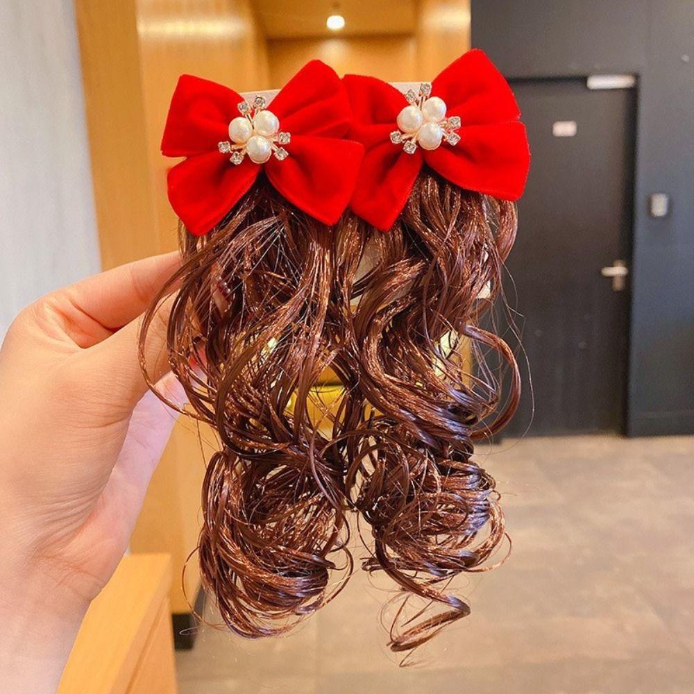 2 шт., детский парик в китайском стиле, заколка для волос, детский головной убор, красный бант, заколка для волос, новогодняя праздничная