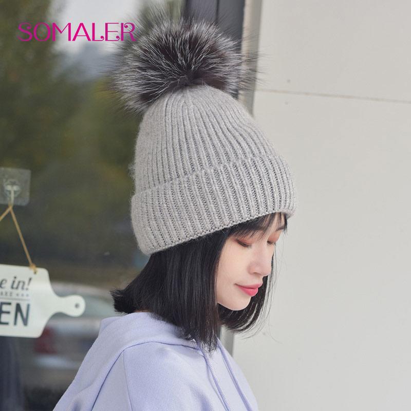 SOMALER Зимняя вязаная шерстяная шапка с меховым помпоном для девочек, женская модная пушистая теплая шапка-бини с манжетами и помпоном, женская осенне-осенняя повседневная кепка