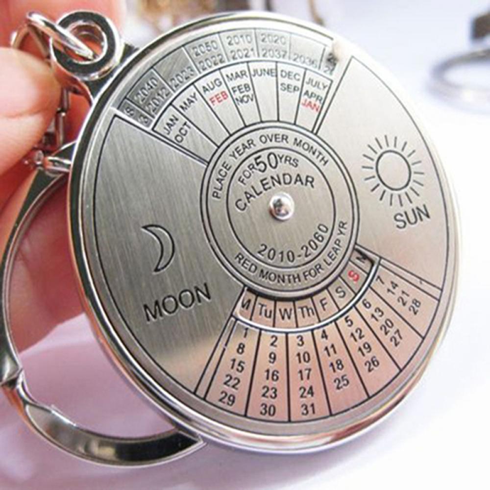 50 Years Perpetual Calendar Keychain Silver Alloy 360 Degree Rotation Calendar Key Chain Ring Keyfob Anniversary Creative Gift