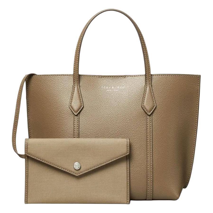 Tory Burch Perry Double Top Handle Textured Solid Leather Tote Bag Women tote bags Gray-Brown 174234-250