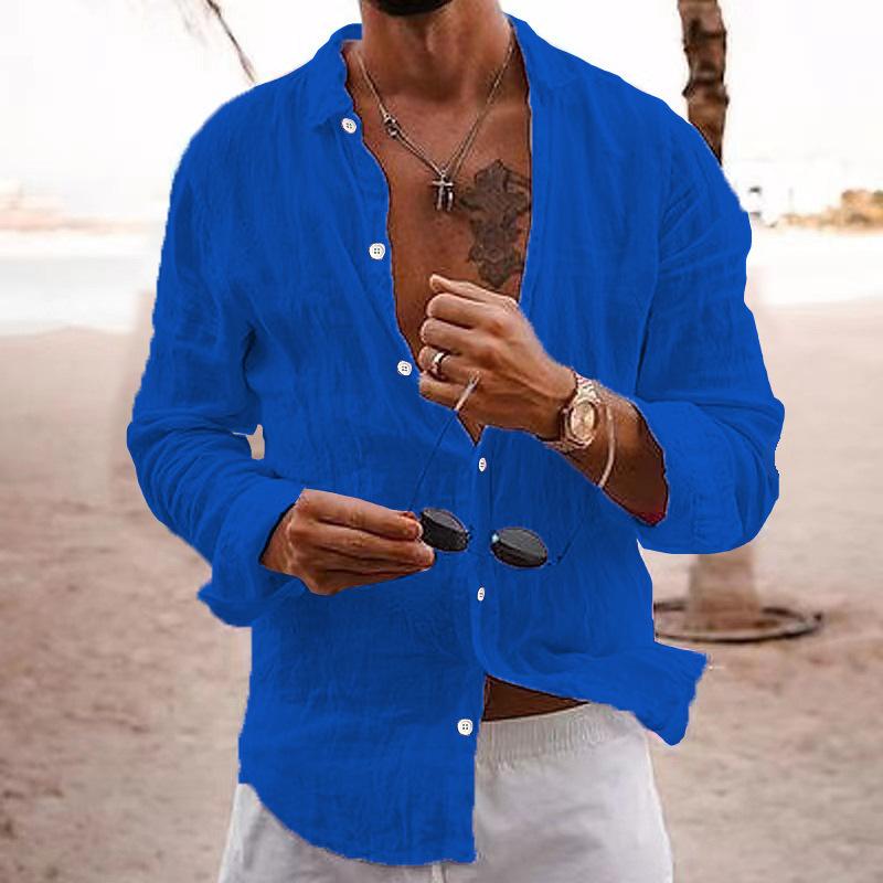 Трансграничная поставка для внешней торговли, мужская новая однотонная свободная рубашка на одной пуговице с лацканами, хлопково-льняная рубашка с длинным рукавом