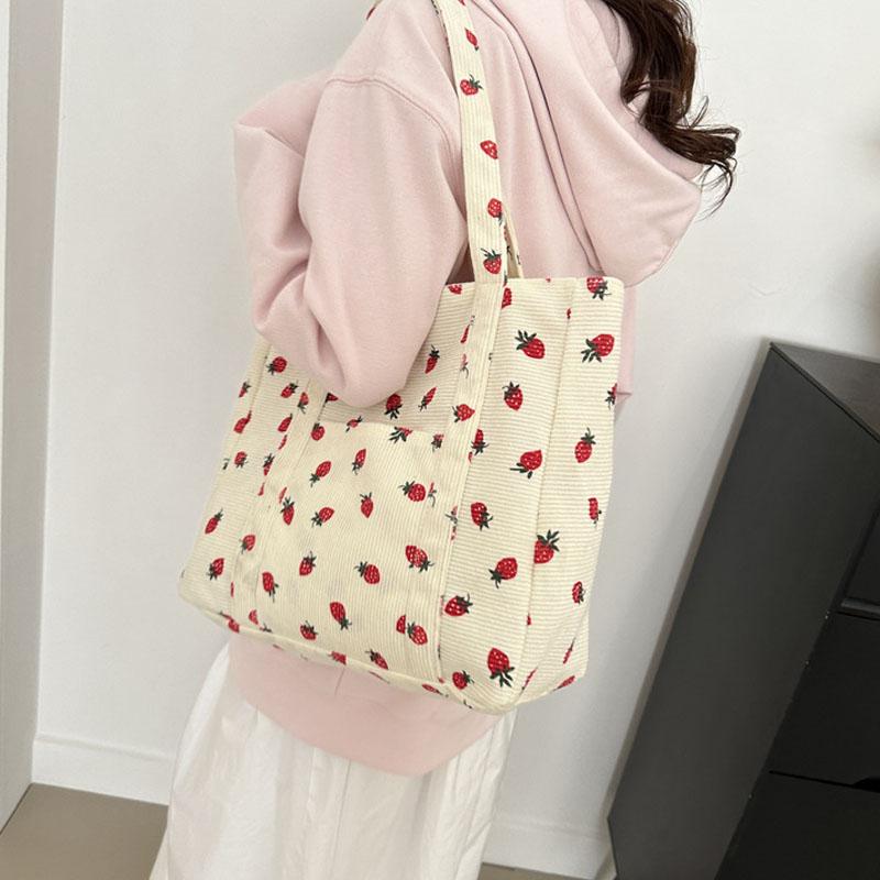 Вельветовая сумка-тоут с клубничным принтом на молнии, сумка через плечо, дорожная сумка