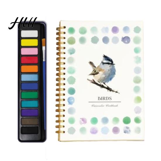 Relaxing Watercolor Painting Book Workbook with 12 Colors Pigment Step-by-Step Animal Flower Painted Coloring Guide Paper for Learning Techniques