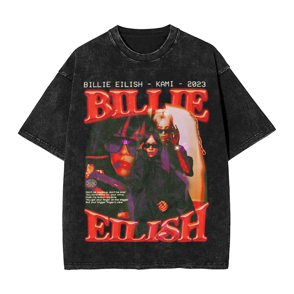 Singer BBillieGirl Eeilish Music Vintage Washed T Shirt Unisex Cotton Clothes Printed Round Neck Short Sleeve