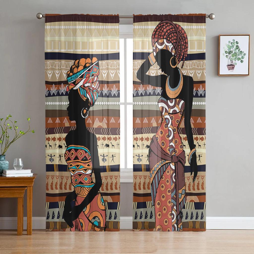 Ethnic Style African Women Black Women Sheer Curtains for Living Room Decoration Window Curtain Kitchen Tulle Voile Drapes