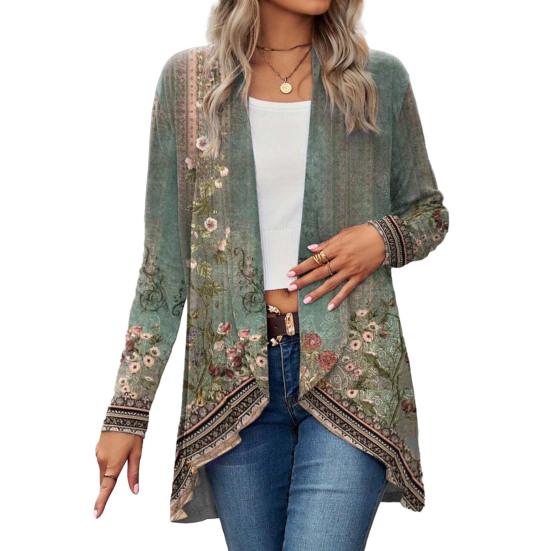 Женское осенне-весеннее пальто Vinage с цветочным принтом и открытой строчкой с длинным рукавом, неровный подол, свободная шаль в этническом стиле, женская куртка-кардиган средней длины, шаль