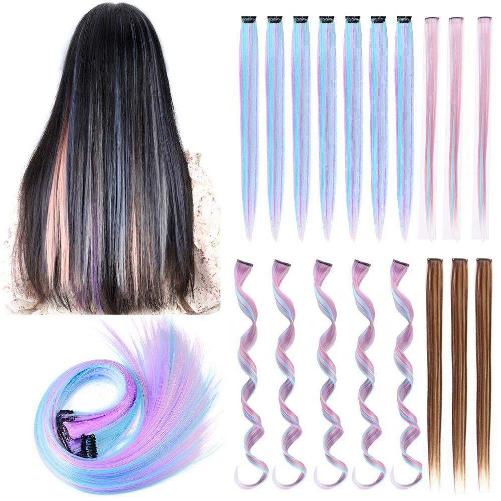 Rainbow Colorful Extension Fashion Long Straight Wavy Hairpieces Fake Hair Clip Strands  Women/Kids