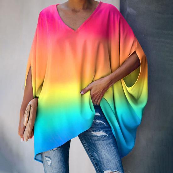 Женская блузка с принтом Tie Dye и рукавом «летучая мышь», осенний пуловер с v-образным вырезом и половиной рукавов, уличная одежда