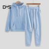 2 Pcs/Set Women Hoodie Pants Suit Solid Color Plush Long Sleeves Thick Top Elastic Waist Ankle-banded Trousers Sport Fitness Outfit Fall Winter