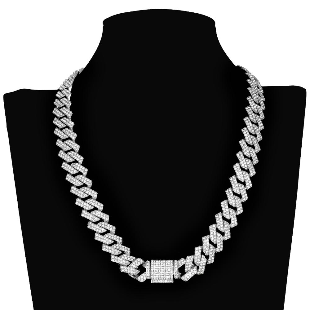 Hip Hop Iced Out Chain Paved Rhinestones Necklace 15MM Silver Color Full Miami Curb Cuban Chain Rapper Necklaces For Men Jewelry