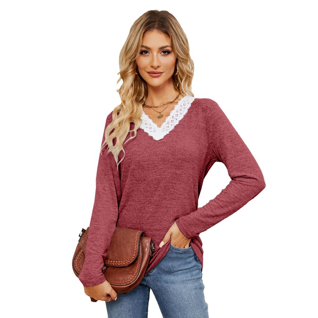 Новая однотонная кружевная футболка с V-образным вырезом в стиле пэчворк, свободная, с длинными рукавами