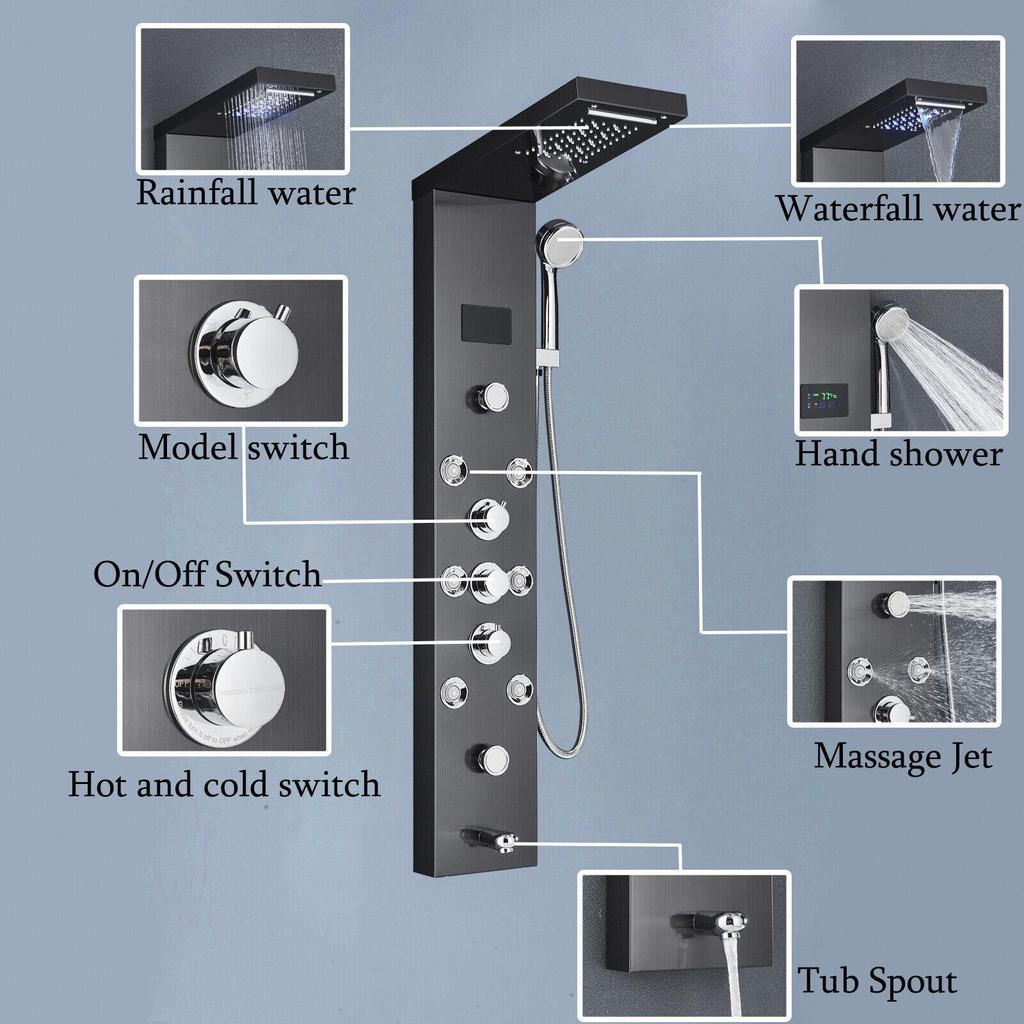 Светодиодная душевая панель, башенная система, массажные форсунки для дождя и водопада, смеситель из нержавеющей стали