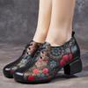 Printed Women's Shoes Genuine Leather Retro Ethnic Style Round Toe Thick Heel Soft Sole Pumps