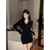 Women Dresses V Neck Lace Patchwork Autumn Winter Sexy Mini Dress Solid Korean Fashion Basics Vintage Vestidos Mujer