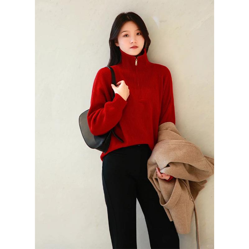 2025 Red Wool Zip-Up Collar Knit Pullover for Women - New Year Collection