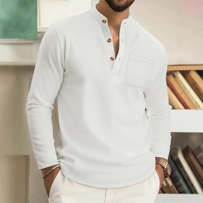 Мужская осенняя повседневная рубашка с белым принтом в горошек, воротником-стойкой и карманом