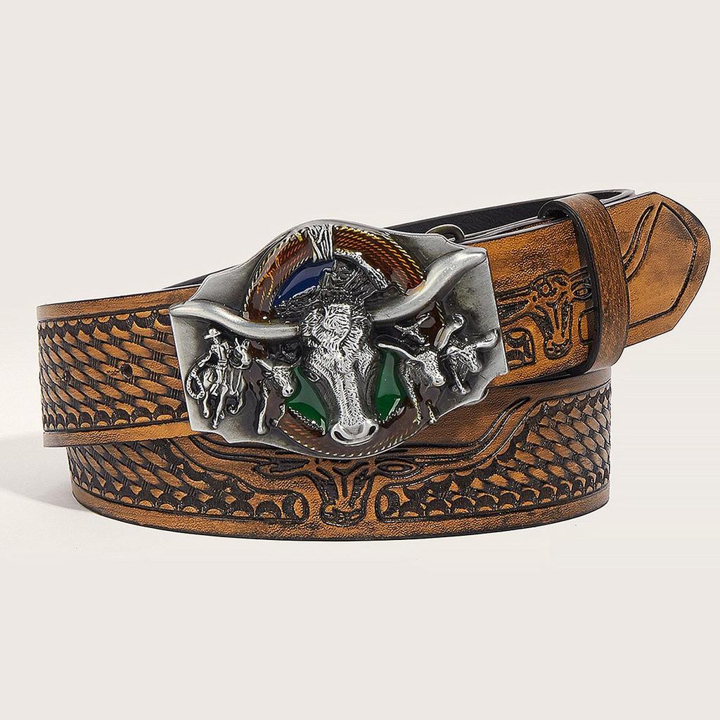 In-Stock Western Bull Head Buckle Leather Belt - Trendy Retro Punk Style for Men & Women