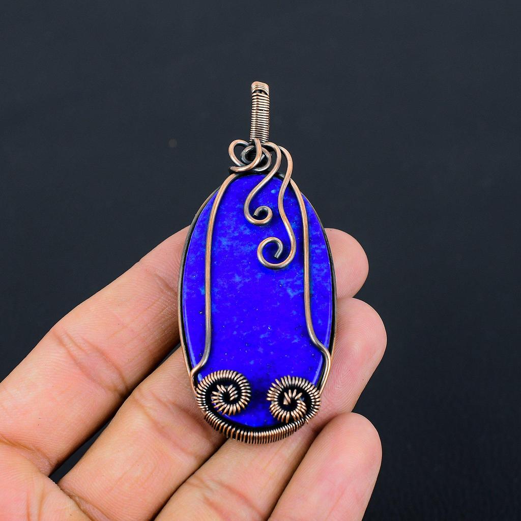 Лазурит Драгоценный камень Чистая медная проволока Обернутая ювелирная подвеска ручной работы