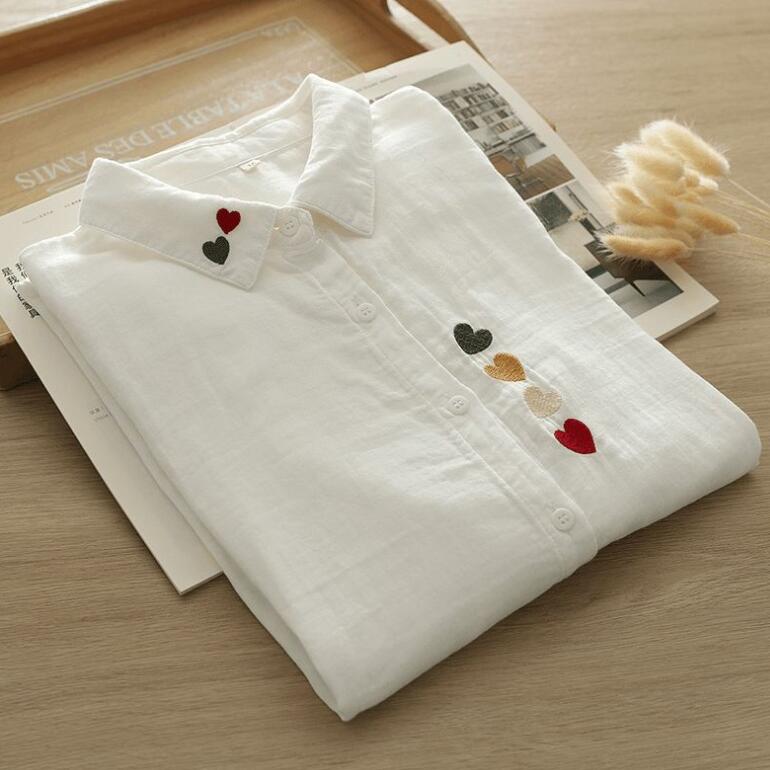 Мультфильм Вышивка Любовь Свободная Хлопковая Белая Рубашка Женская Длинные Рукава Нижняя Рубашка Tide