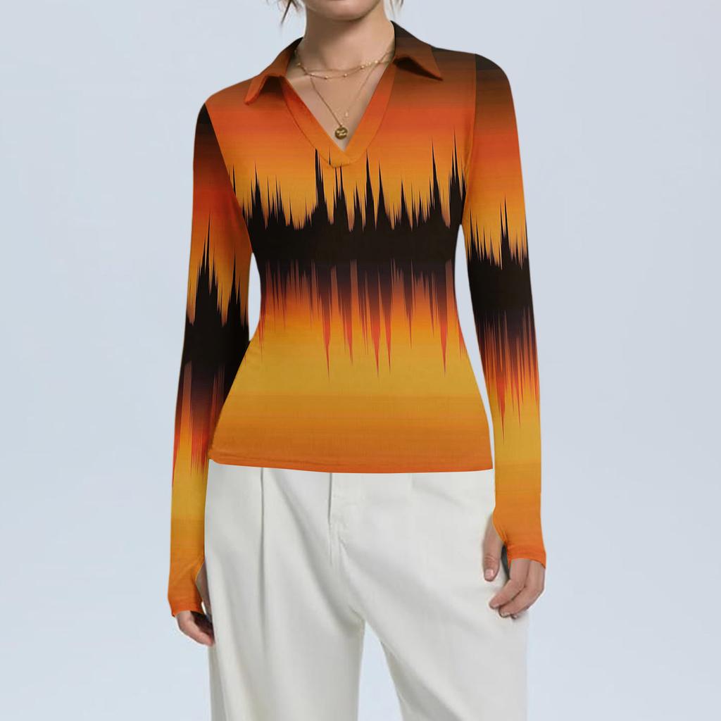 Женская Мода Повседневный Принт V-образный Вырез Длинный Рукав Застежка на Пуговицы Топ