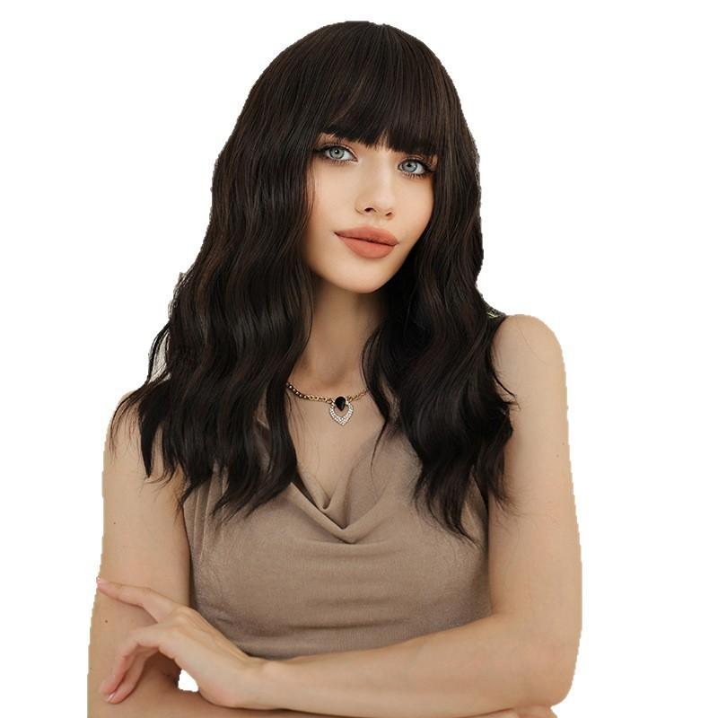 Natural Black Curly Wig With Bangs Full Cap Synthetic Hair Women Daily Wear Party Styling